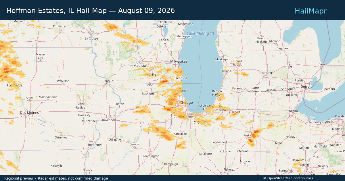Hoffman Estates, IL Hail Map — August 09, 2026 — regional heatmap and storm polygons