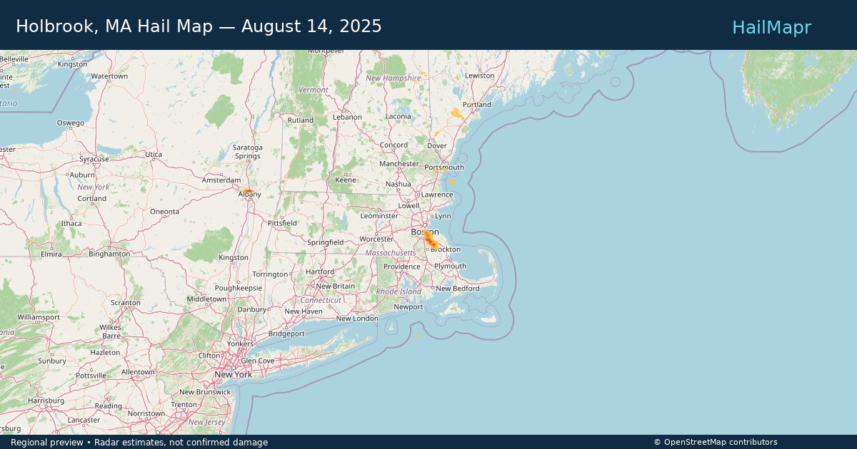 Holbrook, MA Hail Map — August 14, 2025 — regional heatmap and storm polygons
