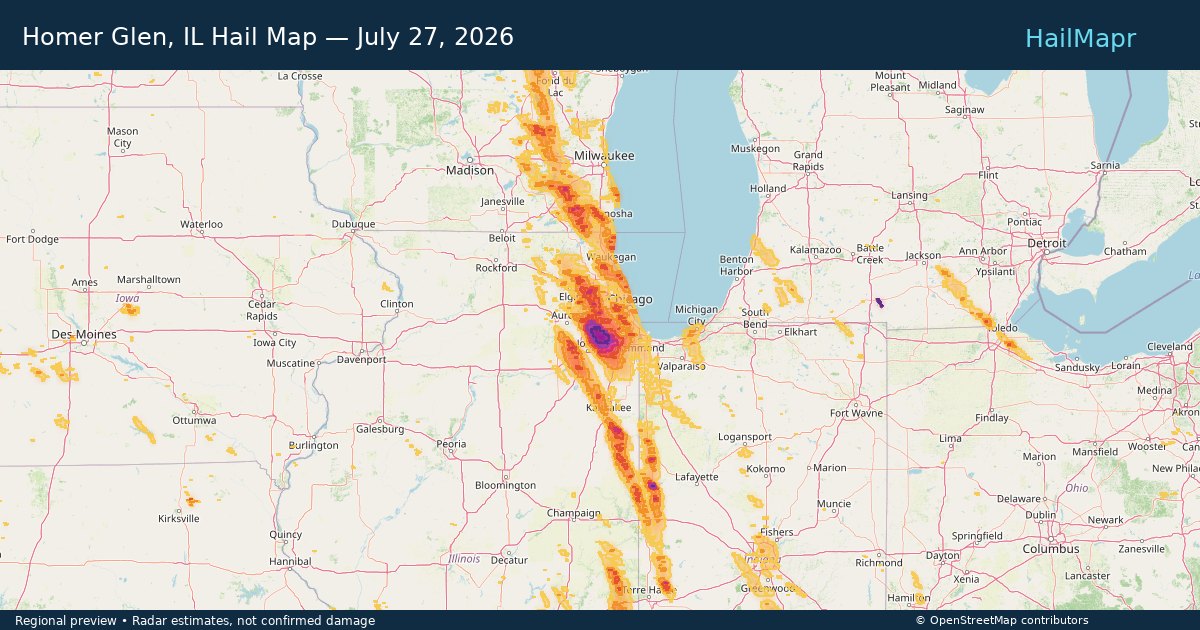 Homer Glen, IL Hail Map — July 27, 2026 — regional heatmap and storm polygons