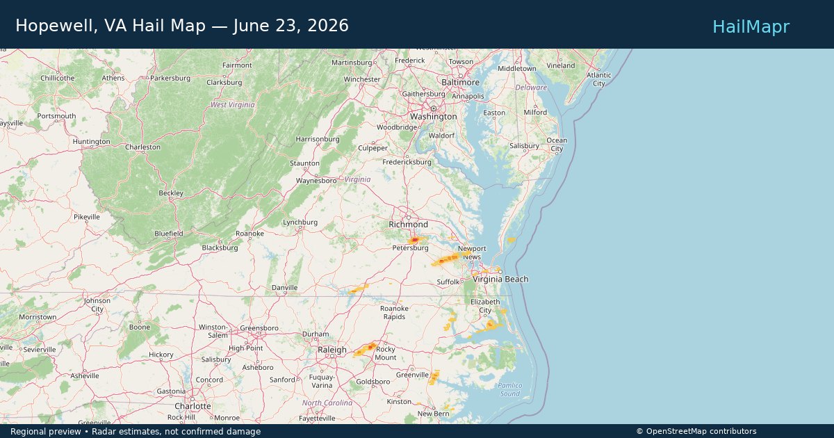 Hopewell, VA Hail Map — June 23, 2026 — regional heatmap and storm polygons