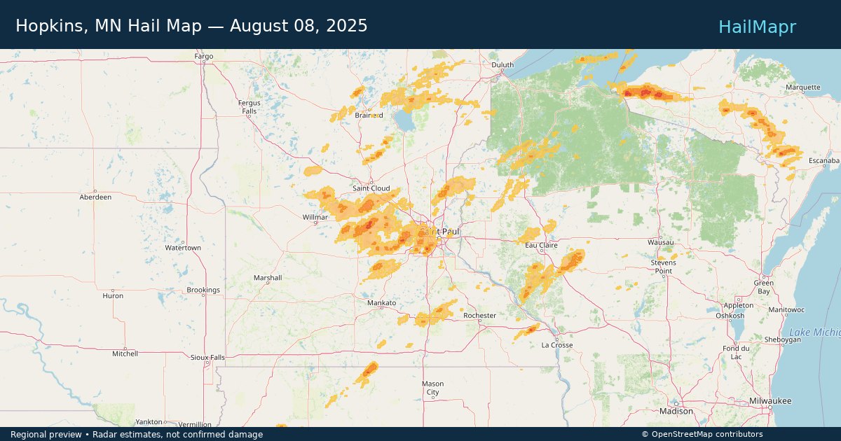 Hopkins, MN Hail Map — August 08, 2025 — regional heatmap and storm polygons