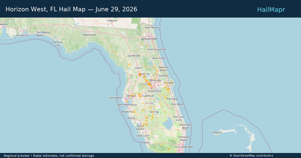 Horizon West, FL Hail Map — June 29, 2026 — regional heatmap and storm polygons
