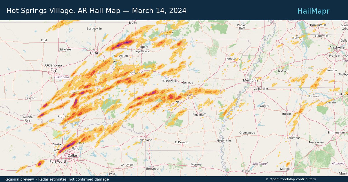 Hot Springs Village, AR Hail Map — March 14, 2024 — regional heatmap and storm polygons