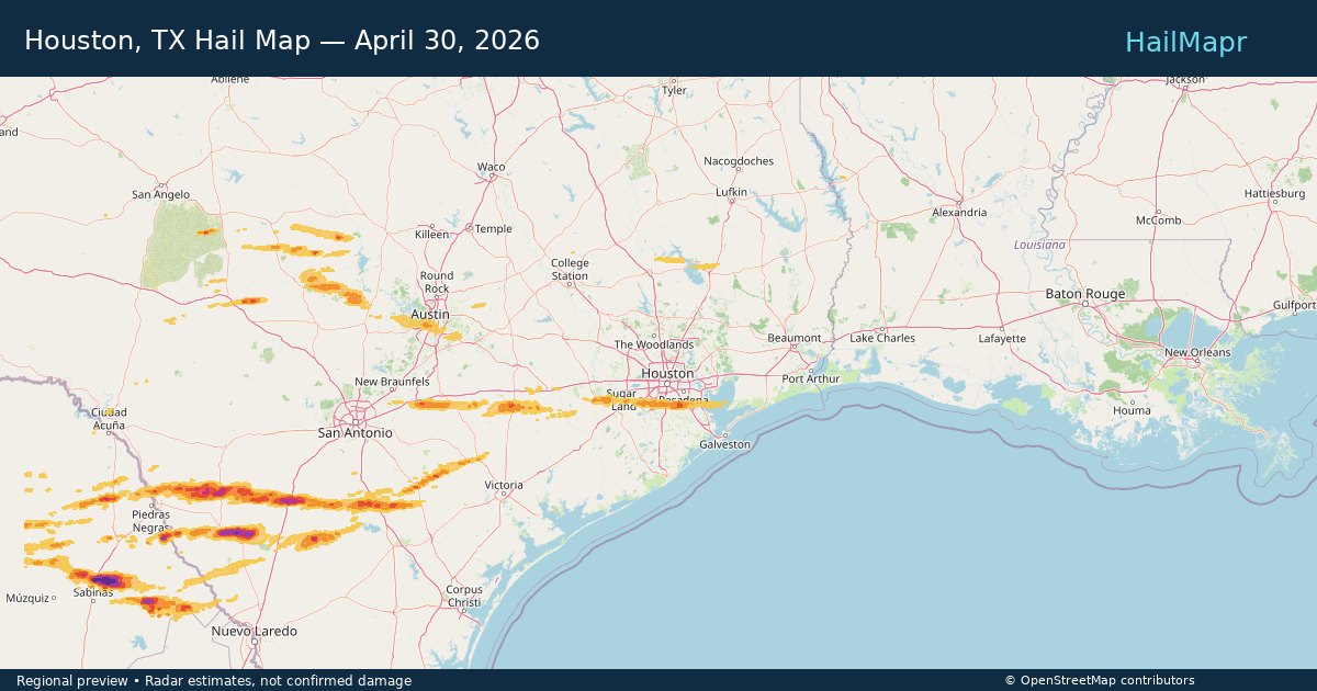 Houston, TX Hail Map — April 30, 2026 — regional heatmap and storm polygons