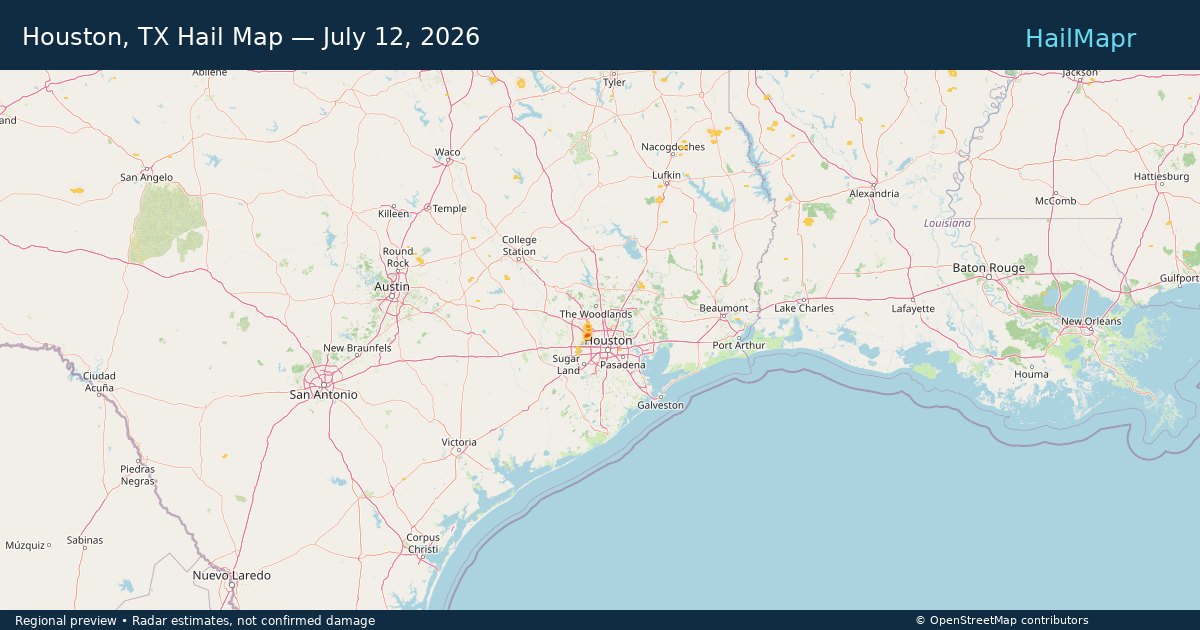 Houston, TX Hail Map — July 12, 2026 — regional heatmap and storm polygons