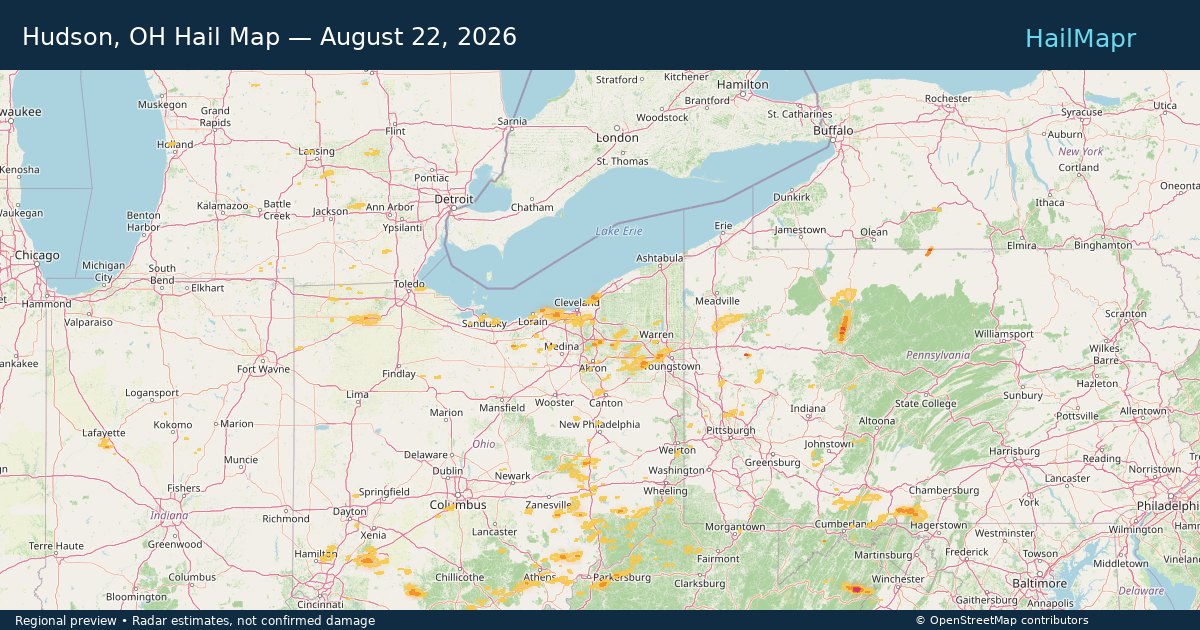 Hudson, OH Hail Map — August 22, 2026 — regional heatmap and storm polygons