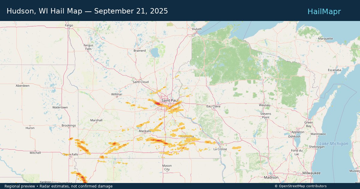 Hudson, WI Hail Map — September 21, 2025 — regional heatmap and storm polygons