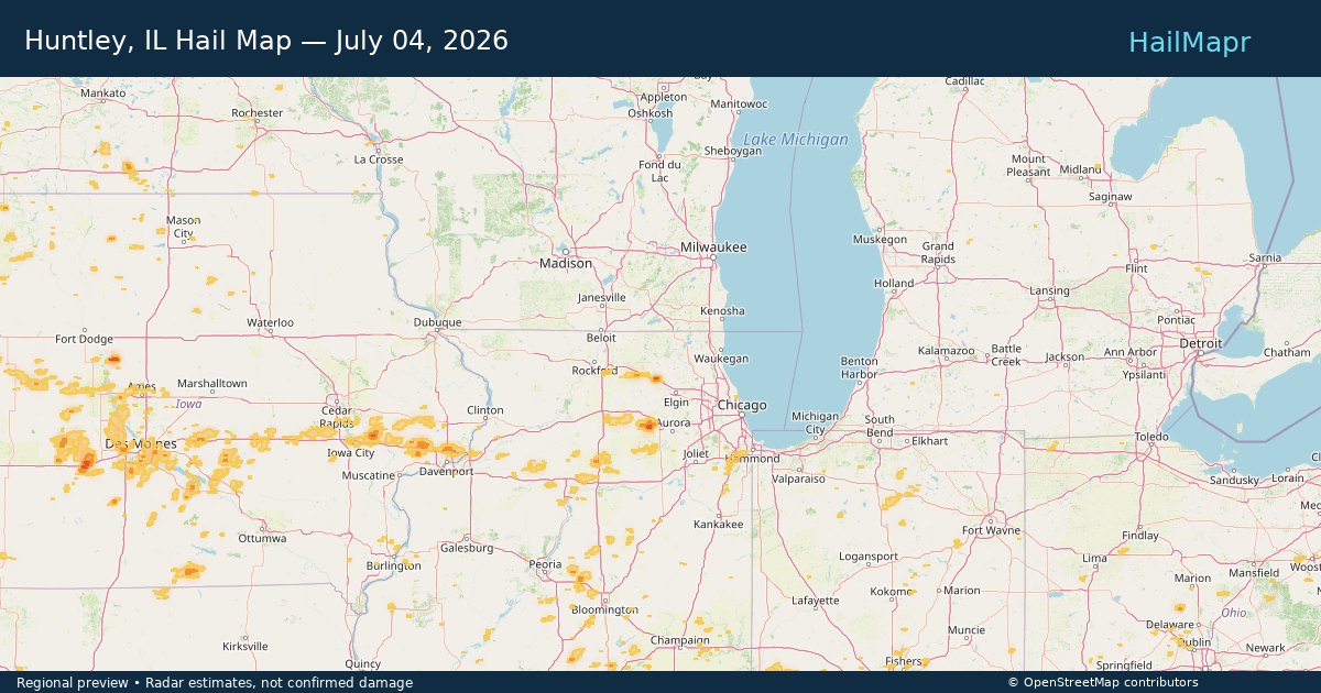Huntley, IL — July 04, 2026 — regional hail footprint preview