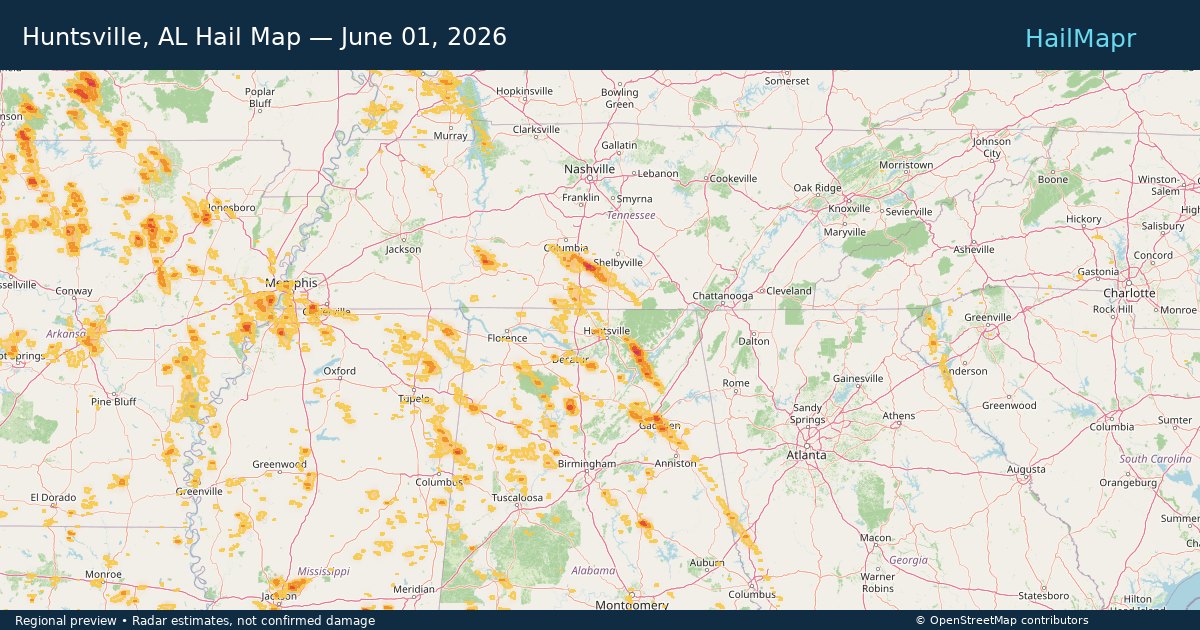 Huntsville, AL Hail Map — June 01, 2026 — regional heatmap and storm polygons