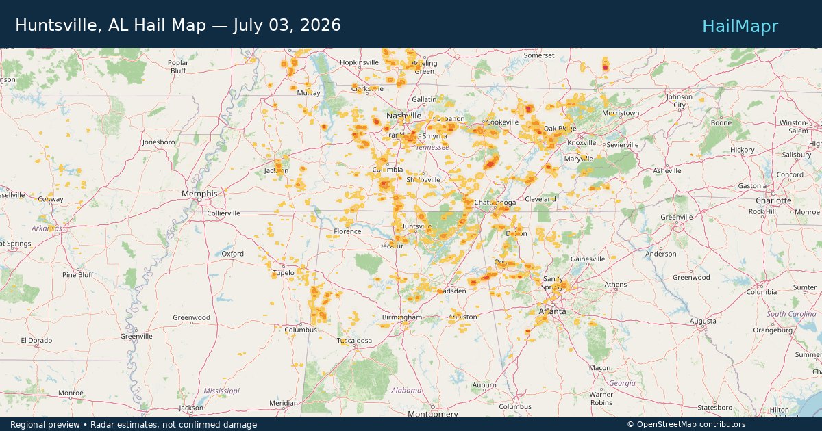 Huntsville, AL Hail Map — July 03, 2026 — regional heatmap and storm polygons