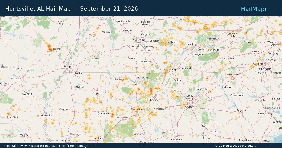 Huntsville, AL Hail Map — September 21, 2026 — regional heatmap and storm polygons