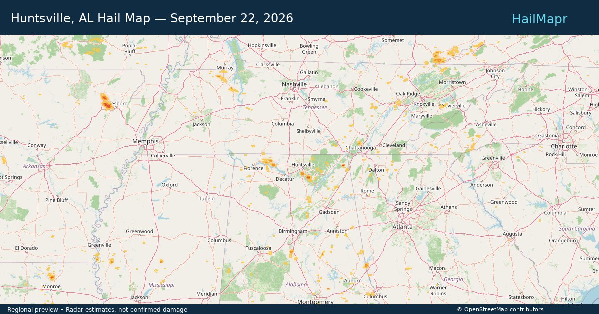 Huntsville, AL Hail Map — September 22, 2026 — regional heatmap and storm polygons