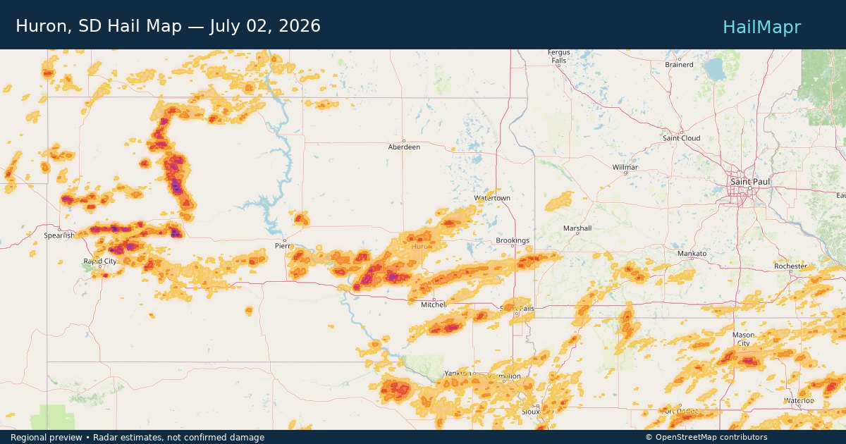 Huron, SD Hail Map — July 02, 2026 — regional heatmap and storm polygons