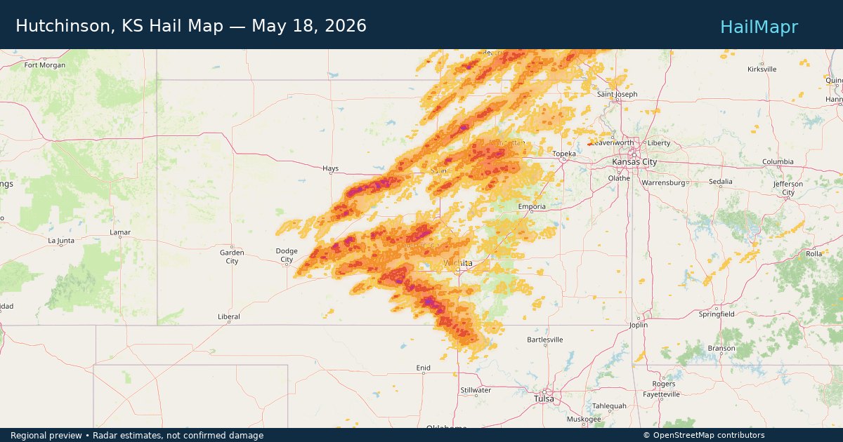 Hutchinson, KS Hail Map — May 18, 2026 — regional heatmap and storm polygons