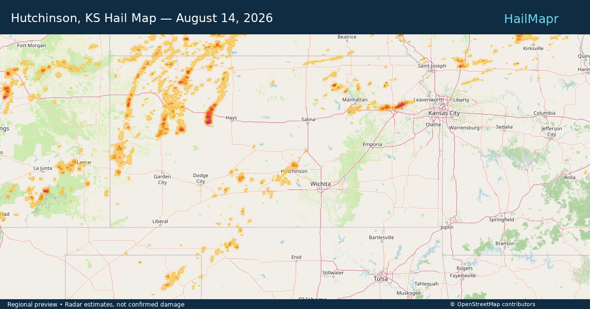 Hutchinson, KS Hail Map — August 14, 2026 — regional heatmap and storm polygons