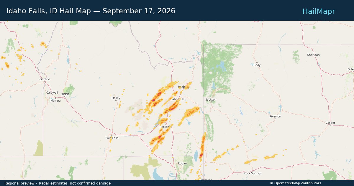 Idaho Falls, ID Hail Map — September 17, 2026 — regional heatmap and storm polygons