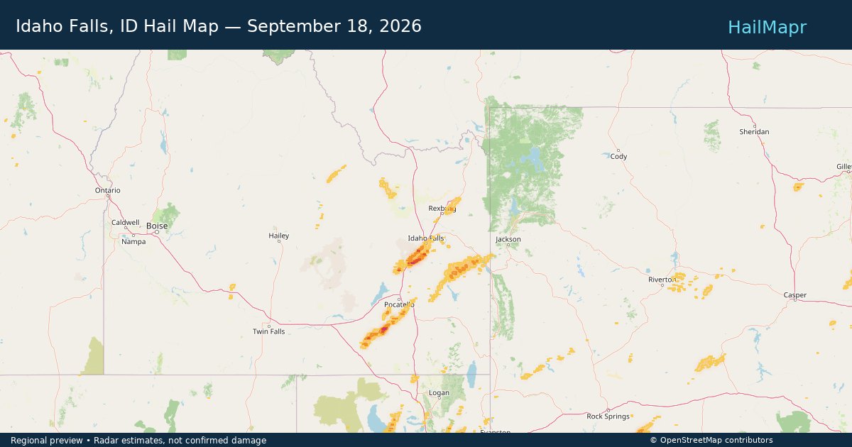 Idaho Falls, ID Hail Map — September 18, 2026 — regional heatmap and storm polygons