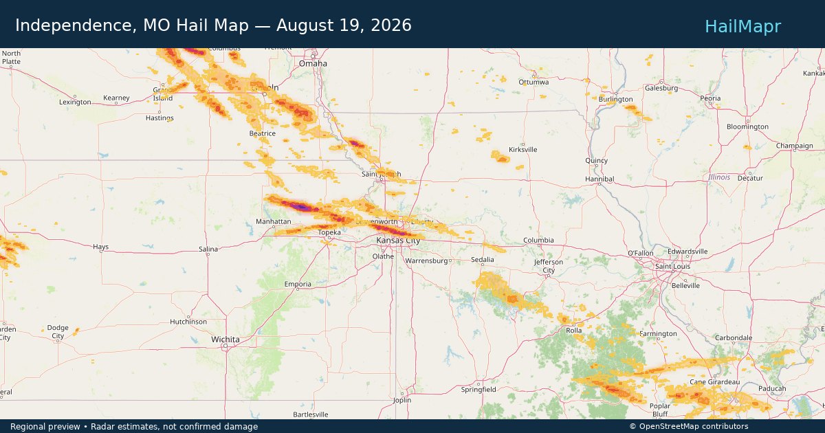 Independence, MO Hail Map — August 19, 2026 — regional heatmap and storm polygons