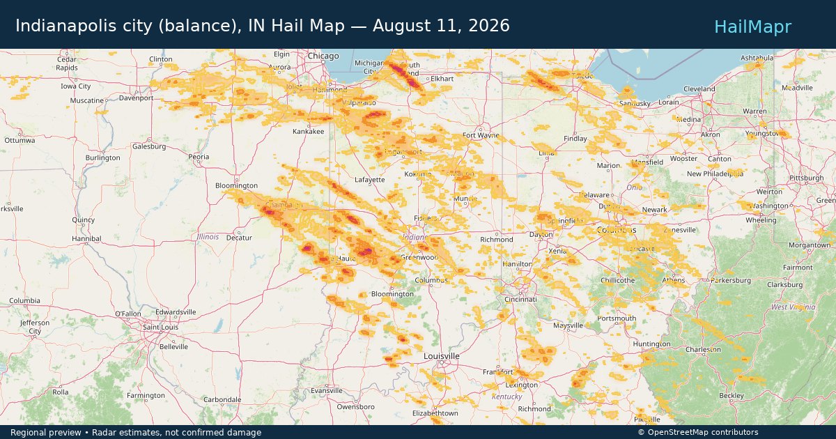 Indianapolis city (balance), IN Hail Map — August 11, 2026 — regional heatmap and storm polygons