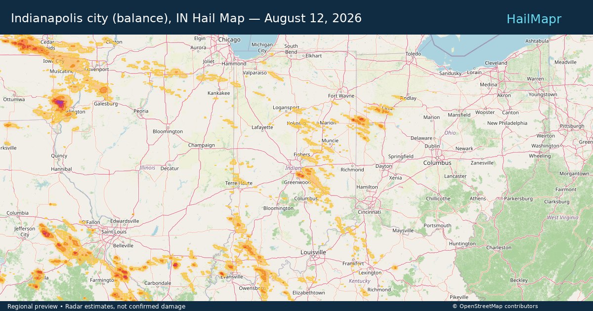 Indianapolis city (balance), IN Hail Map — August 12, 2026 — regional heatmap and storm polygons