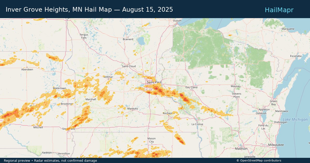 Inver Grove Heights, MN Hail Map — August 15, 2025 — regional heatmap and storm polygons