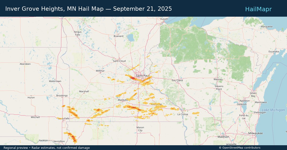 Inver Grove Heights, MN Hail Map — September 21, 2025 — regional heatmap and storm polygons