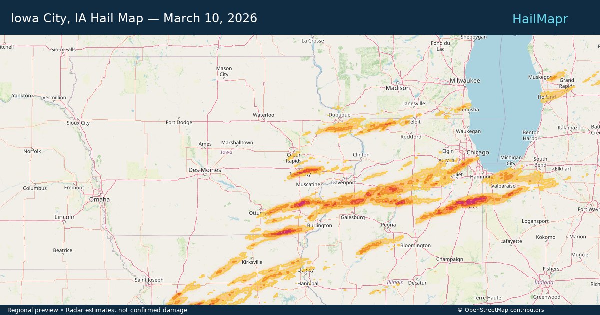 Iowa City, IA Hail Map — March 10, 2026 — regional heatmap and storm polygons