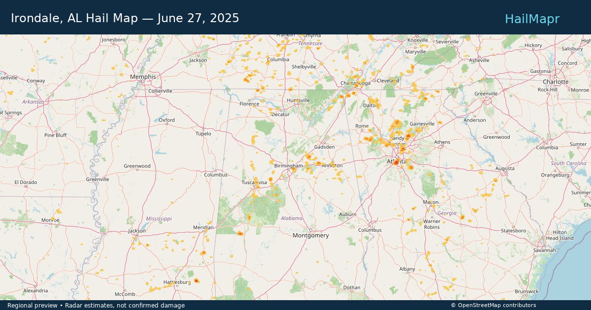 Irondale, AL Hail Map — June 27, 2025 — regional heatmap and storm polygons