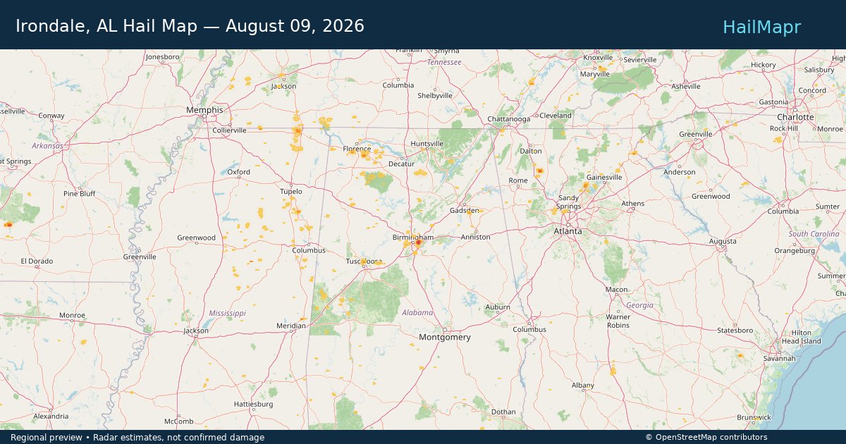 Irondale, AL Hail Map — August 09, 2026 — regional heatmap and storm polygons