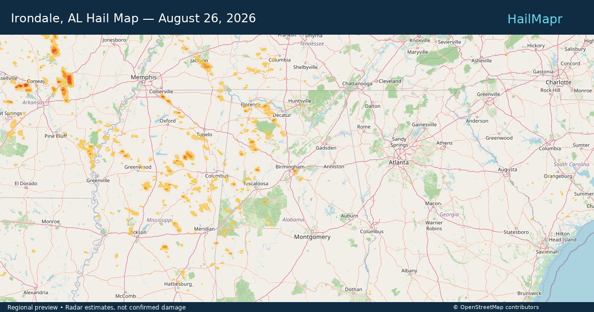 Irondale, AL Hail Map — August 26, 2026 — regional heatmap and storm polygons
