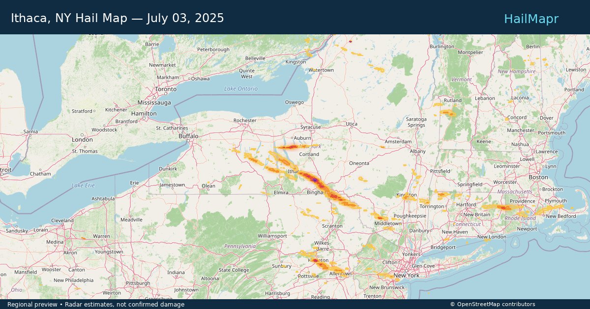 Ithaca, NY Hail Map — July 03, 2025 — regional heatmap and storm polygons