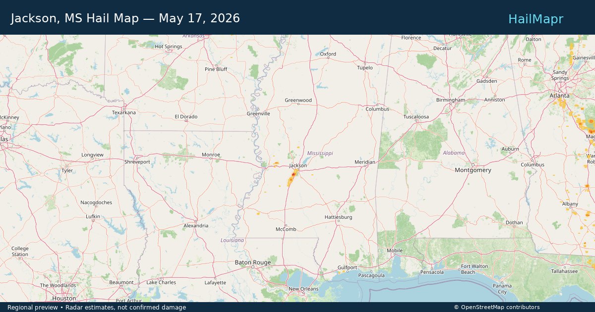 Jackson, MS Hail Map — May 17, 2026 — regional heatmap and storm polygons