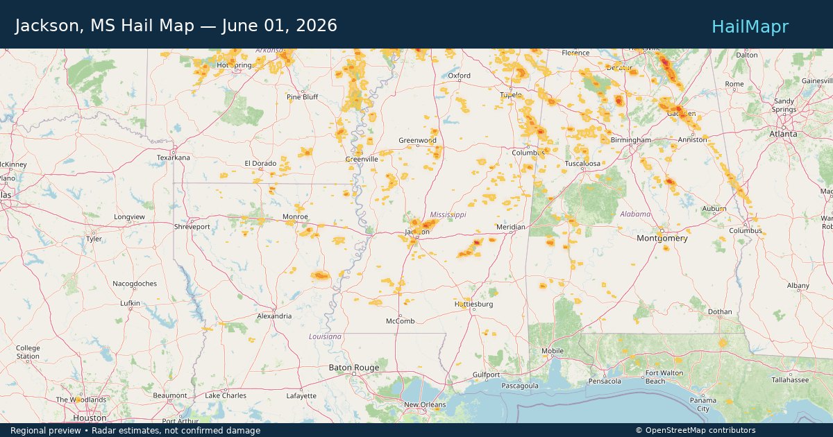Jackson, MS Hail Map — June 01, 2026 — regional heatmap and storm polygons