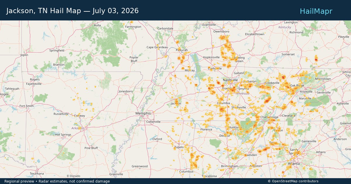 Jackson, TN Hail Map — July 03, 2026 — regional heatmap and storm polygons