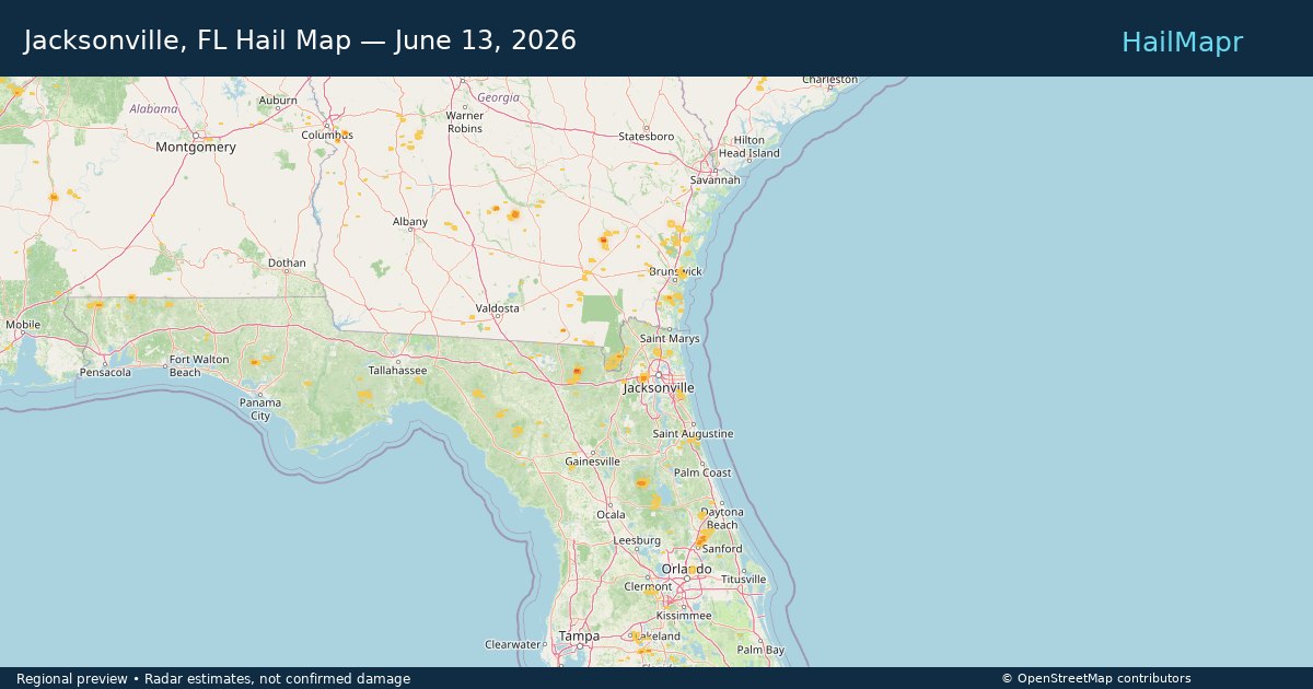 Jacksonville, FL Hail Map — June 13, 2026 — regional heatmap and storm polygons
