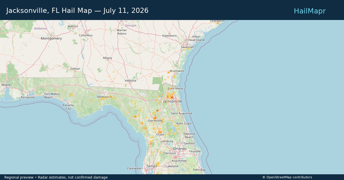 Jacksonville, FL — July 11, 2026 — regional hail footprint preview