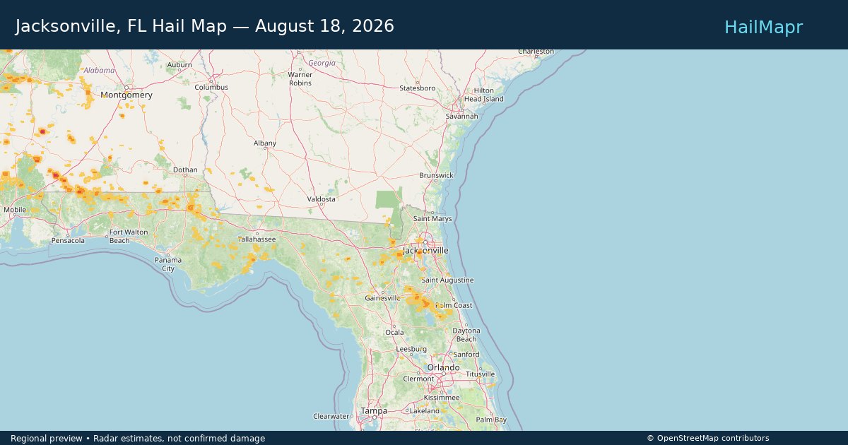 Jacksonville, FL Hail Map — August 18, 2026 — regional heatmap and storm polygons