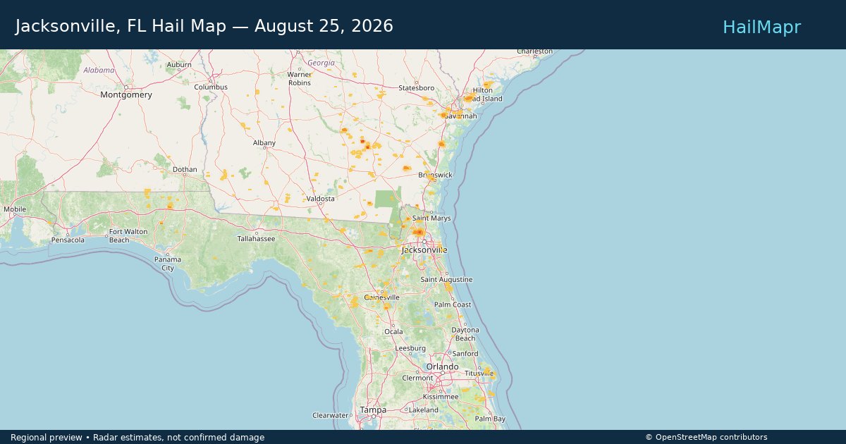 Jacksonville, FL Hail Map — August 25, 2026 — regional heatmap and storm polygons