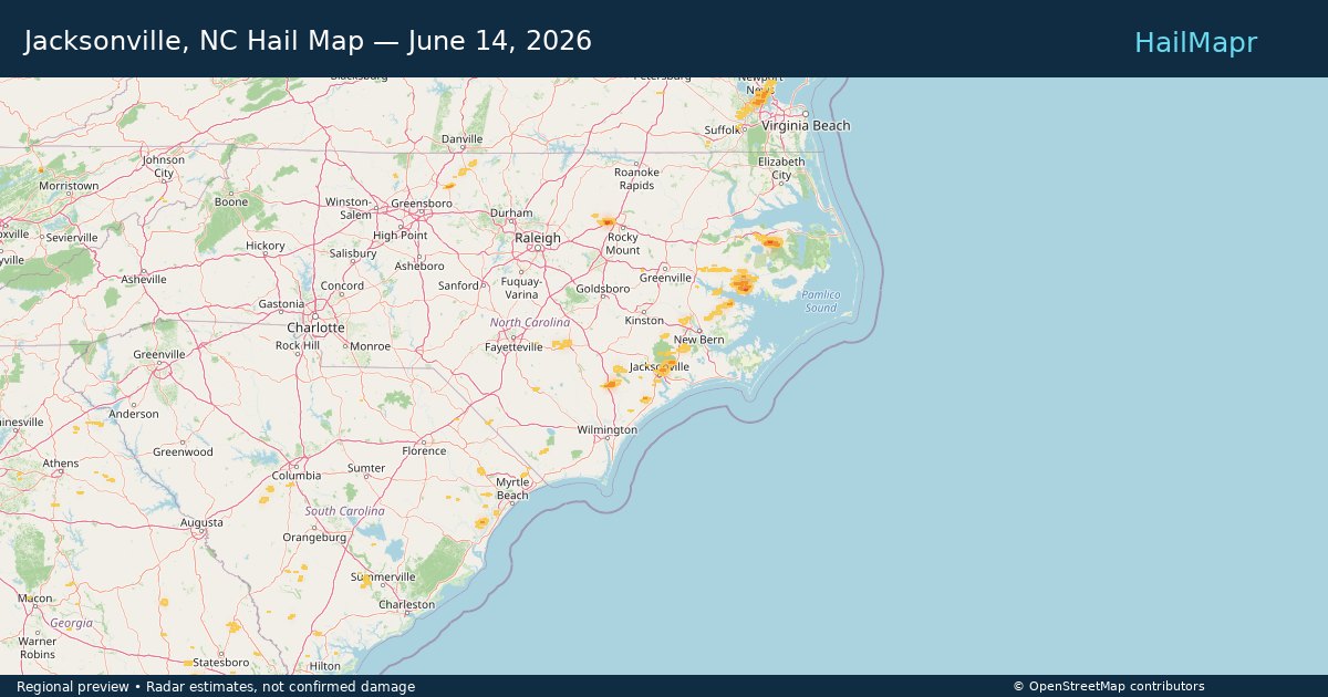 Jacksonville, NC Hail Map — June 14, 2026 — regional heatmap and storm polygons