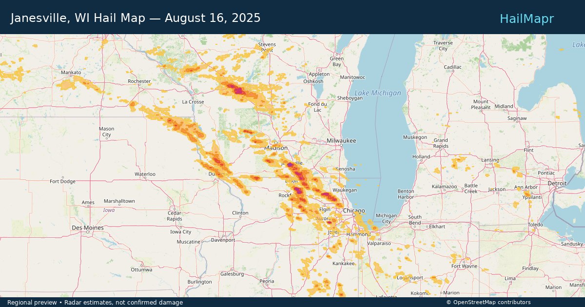 Janesville, WI Hail Map — August 16, 2025 — regional heatmap and storm polygons