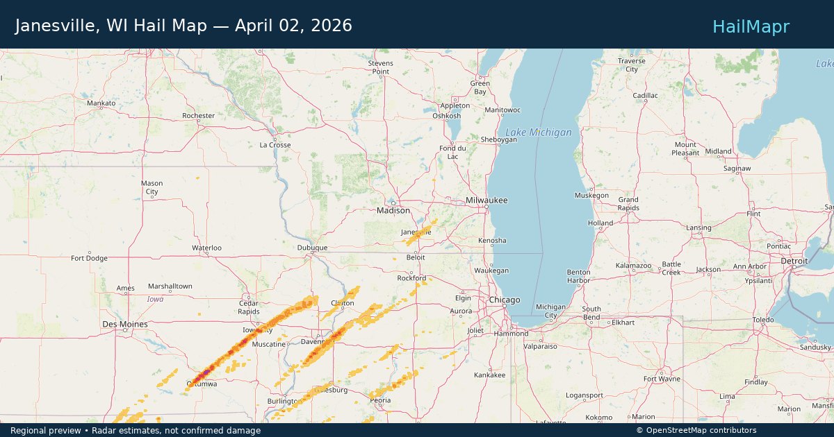 Janesville, WI Hail Map — April 02, 2026 — regional heatmap and storm polygons