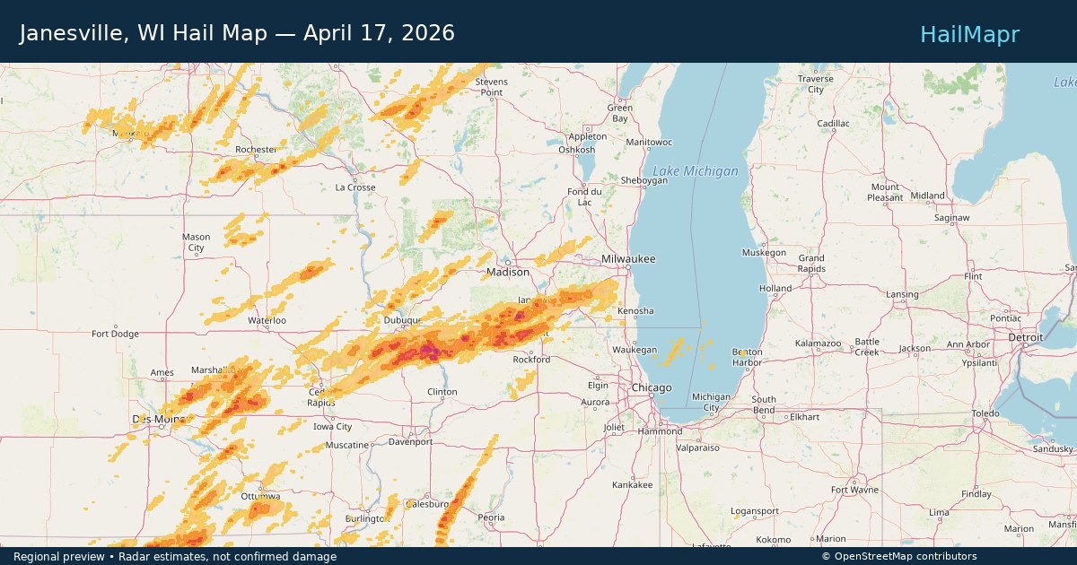Janesville, WI Hail Map — April 17, 2026 — regional heatmap and storm polygons