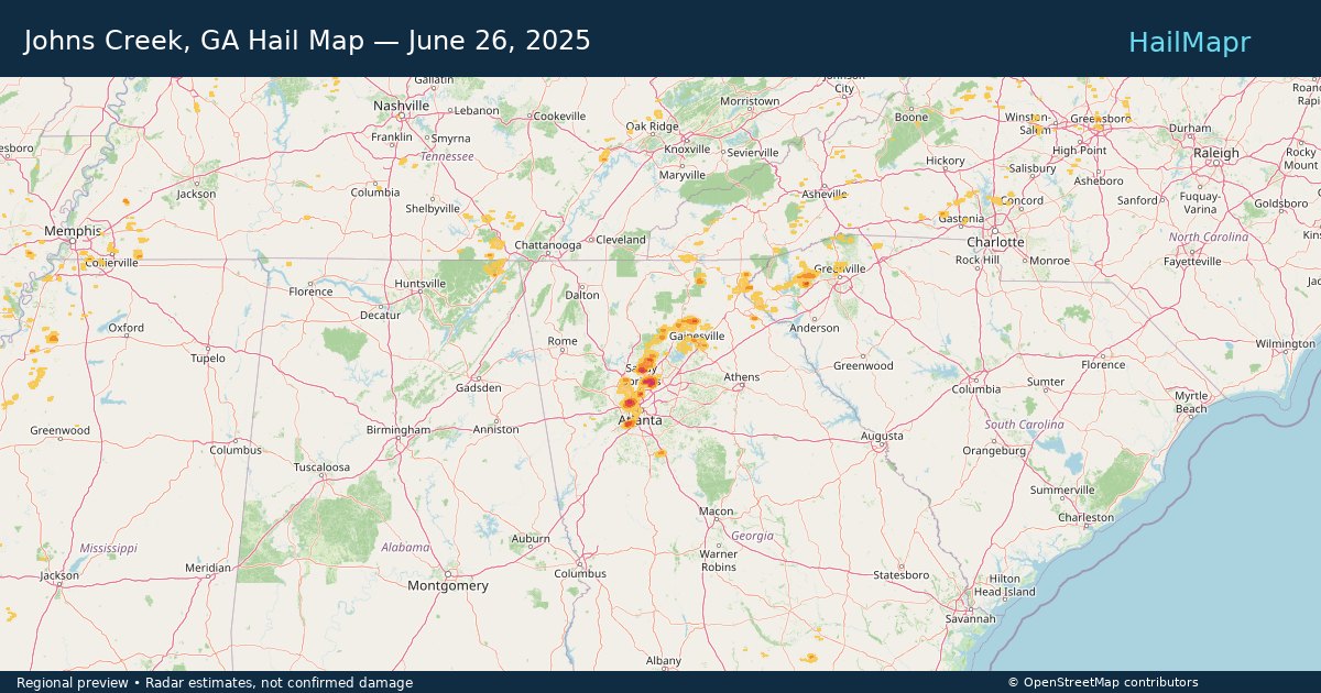 Johns Creek, GA Hail Map — June 26, 2025 — regional heatmap and storm polygons