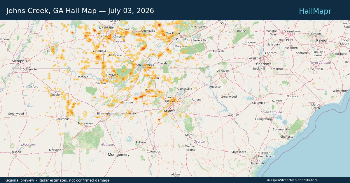 Johns Creek, GA Hail Map — July 03, 2026 — regional heatmap and storm polygons
