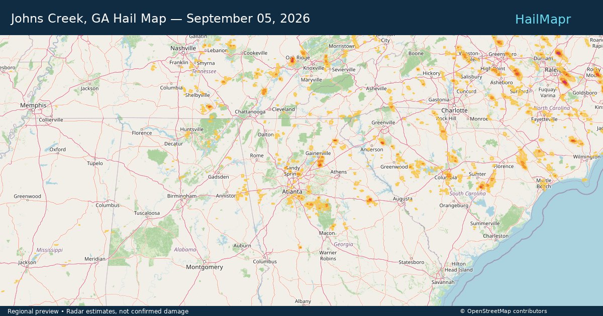 Johns Creek, GA Hail Map — September 05, 2026 — regional heatmap and storm polygons