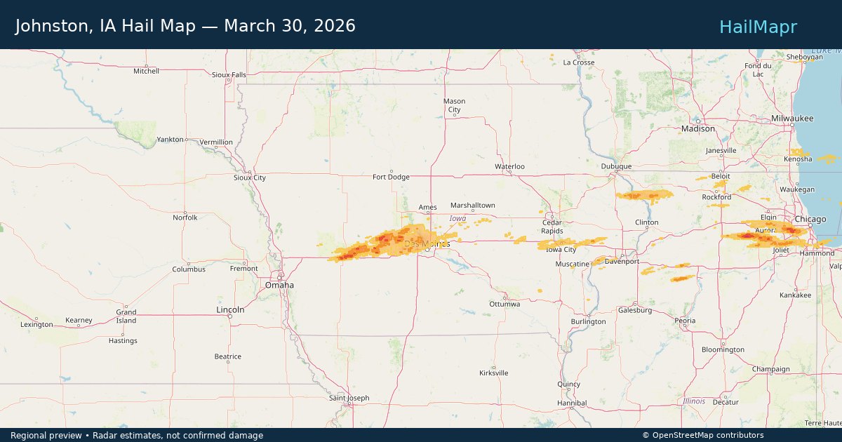 Johnston, IA Hail Map — March 30, 2026 — regional heatmap and storm polygons