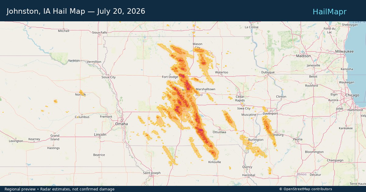 Johnston, IA — July 20, 2026 — regional hail footprint preview