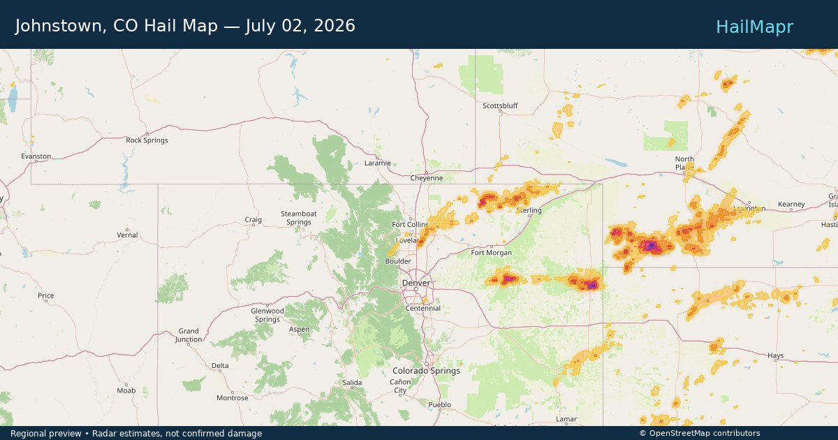 Johnstown, CO Hail Map — July 02, 2026 — regional heatmap and storm polygons