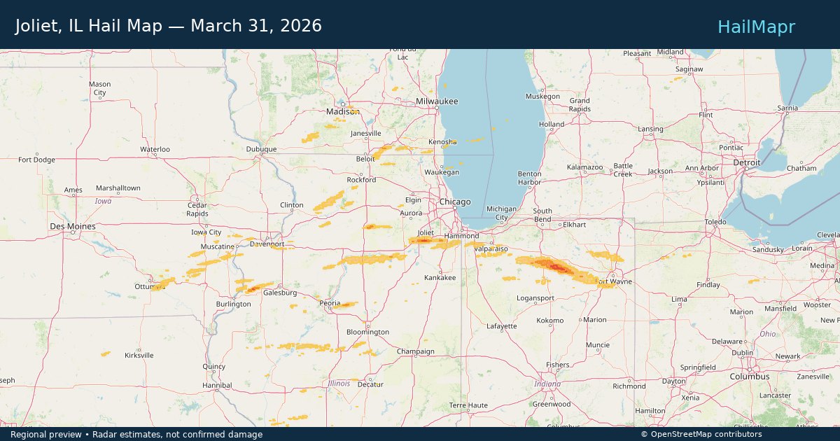Joliet, IL Hail Map — March 31, 2026 — regional heatmap and storm polygons