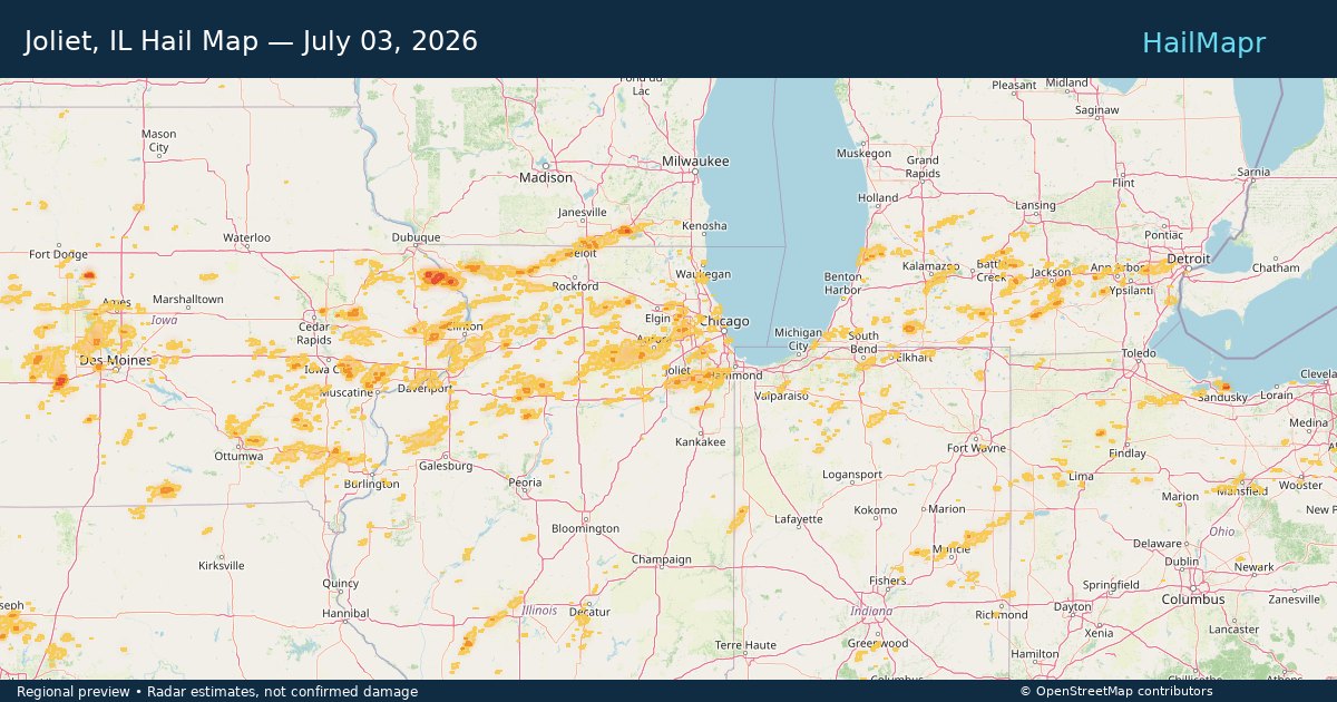 Joliet, IL Hail Map — July 03, 2026 — regional heatmap and storm polygons